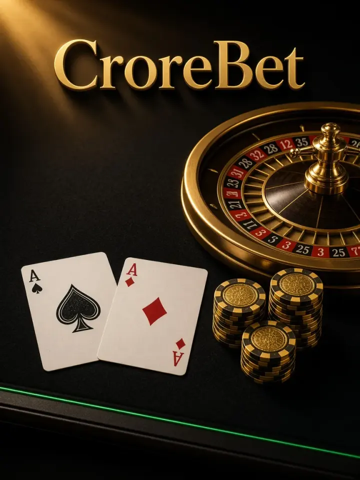 Gold CroreBet lettering over a roulette wheel, aces and yellow chips