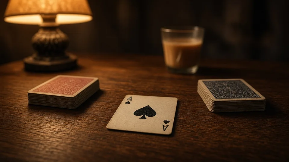 Playing cards on a teak table under a warm lamp