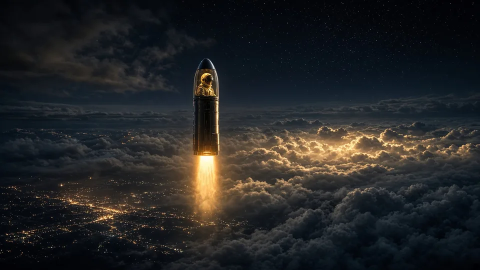 An astronaut rising above clouds on a slim rocket