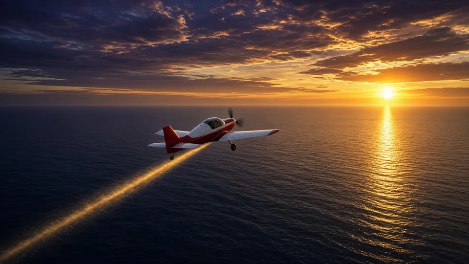 Small red and white plane climbing over a sunset sea