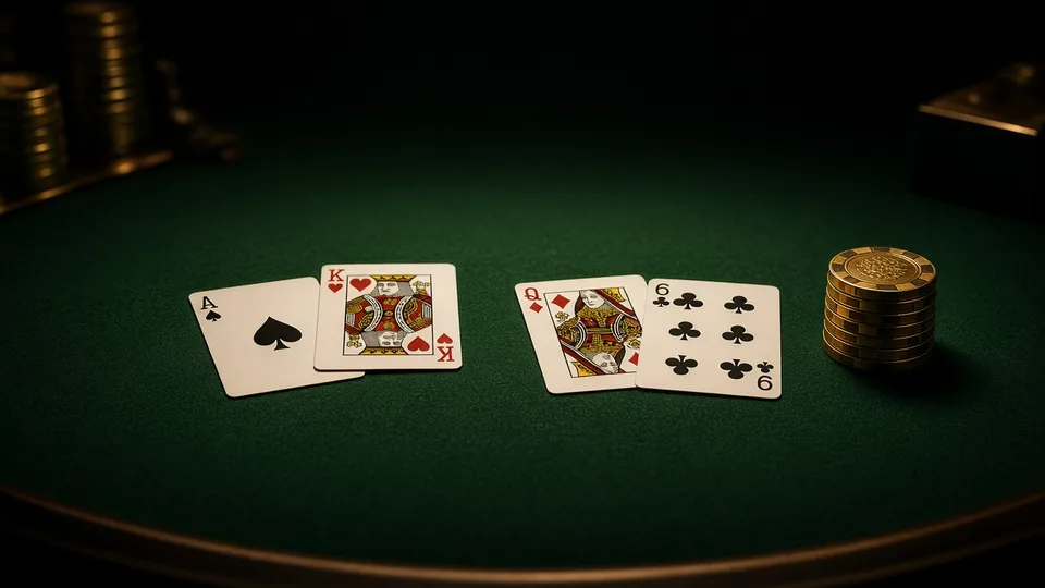 Two baccarat hands and gold chips on green felt