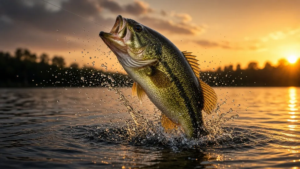 A bass leaping from dark water at sunset