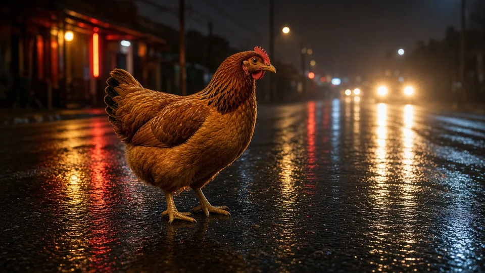 A hen standing on a wet road at night