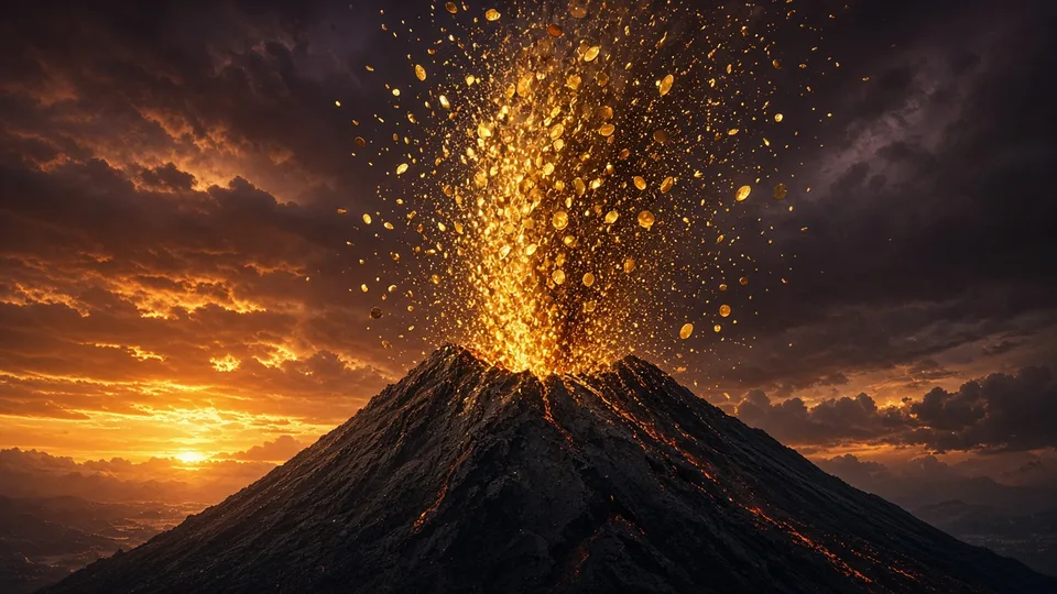 A volcano throwing gold coins into the dusk