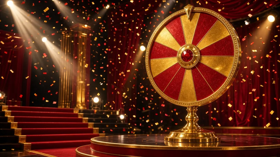 A colourful prize wheel under stage lights