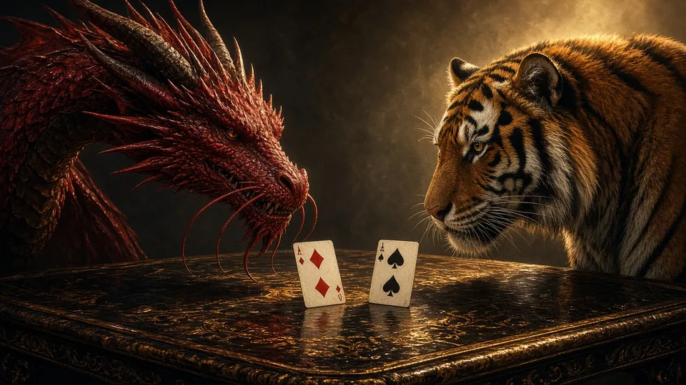 A dragon and a tiger facing each other over two cards
