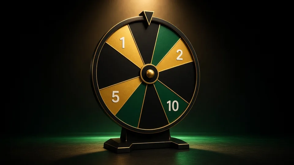 A gold and green prize wheel with numbered slices