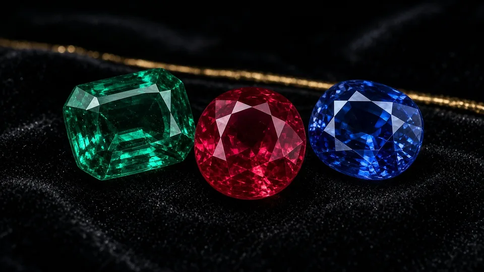 Emerald, ruby and sapphire on dark velvet