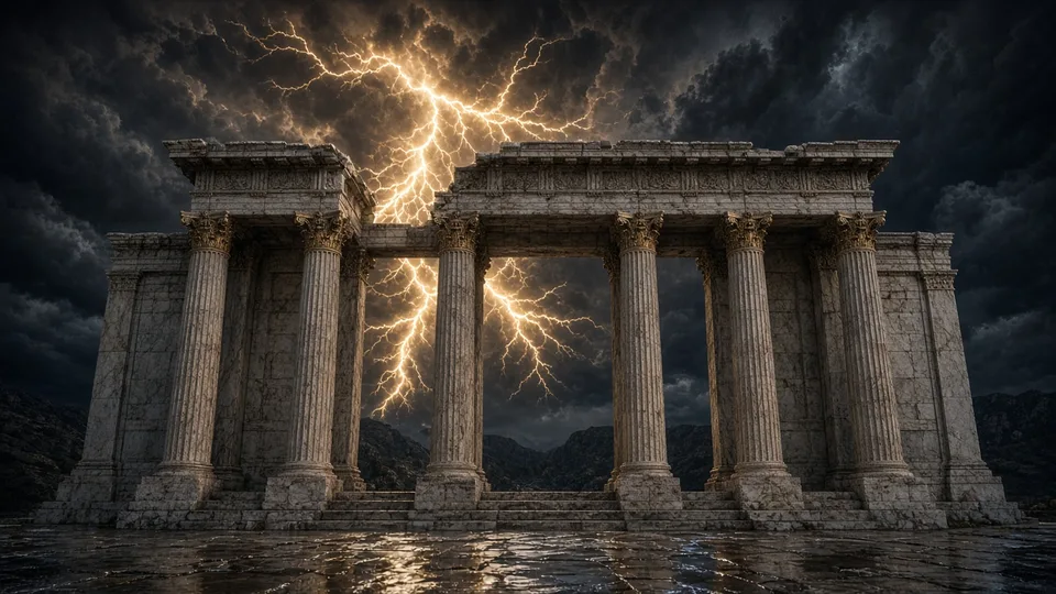 Marble temple gate under a stormy gold sky