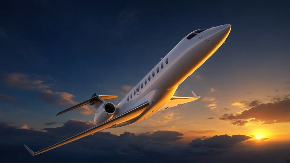 White private jet climbing through a dusk sky