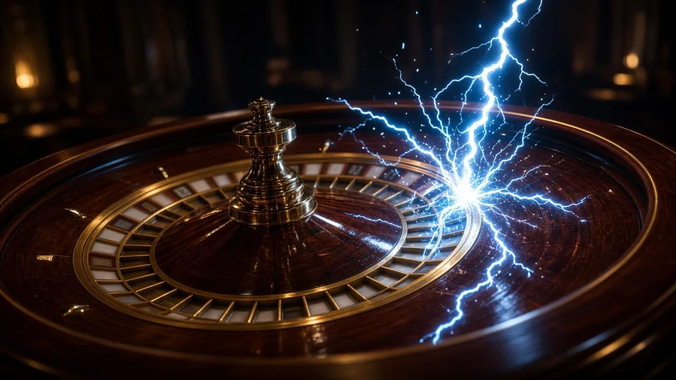 A roulette wheel crossed by electric light