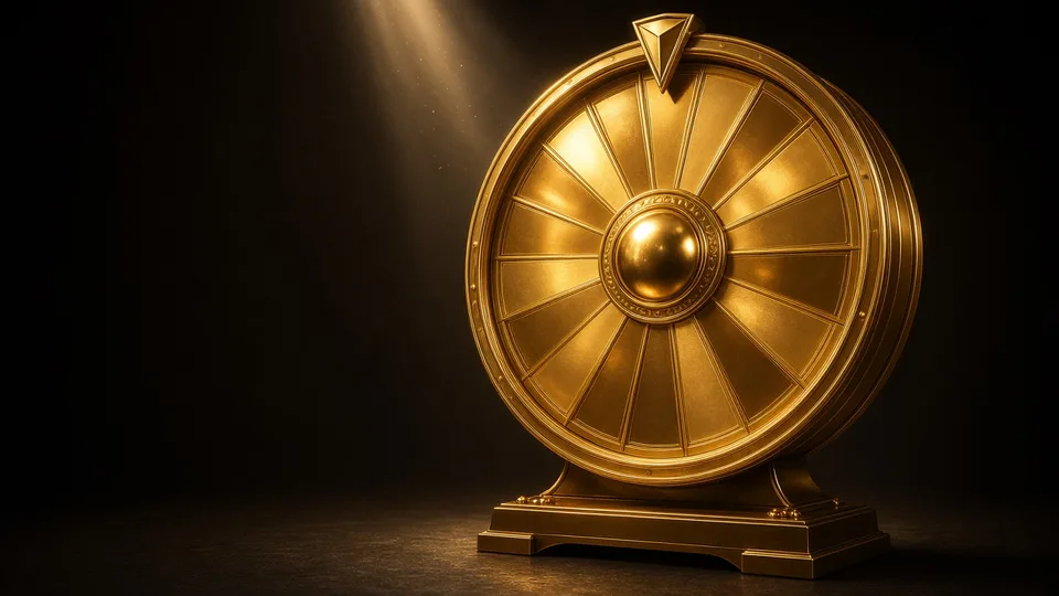 A large golden prize wheel in a dark studio