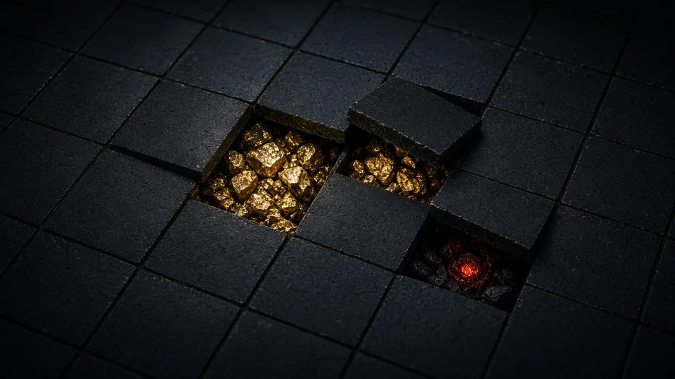 Dark tiles lifted to show gold gems