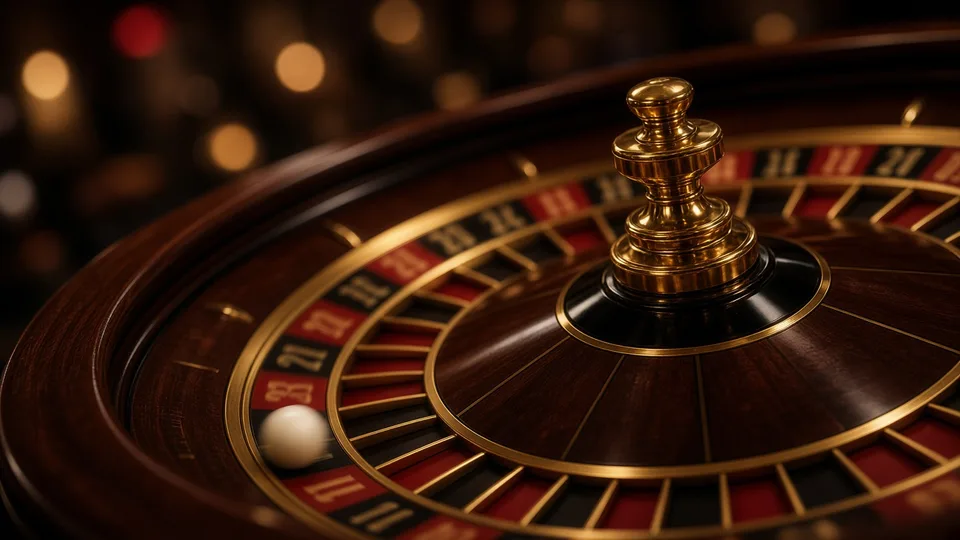 Close view of a mahogany and gold roulette wheel