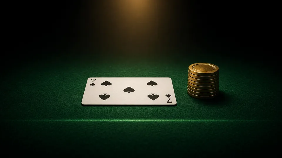 A seven of spades and gold chips on green felt