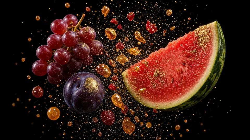 Fruit and candy suspended in the air