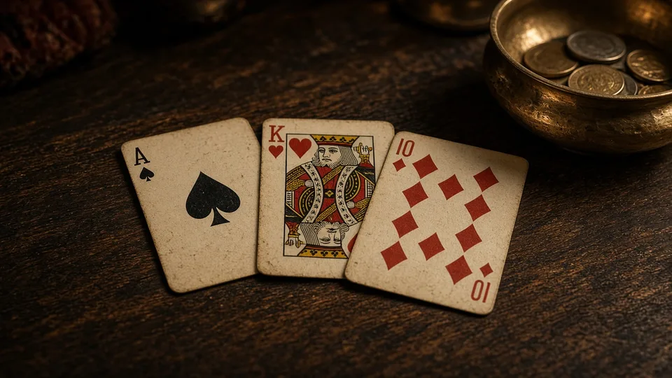 Three face-up cards on a dark wooden table