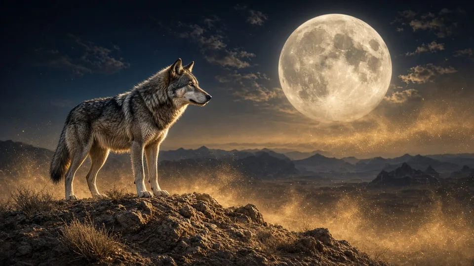 A wolf on a desert ridge under a full moon