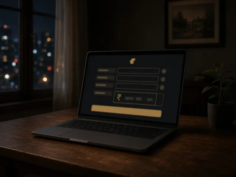 Laptop open on a netbanking form at night