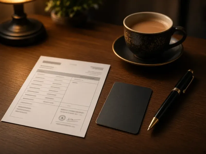 Bank slip, card and chai on a desk